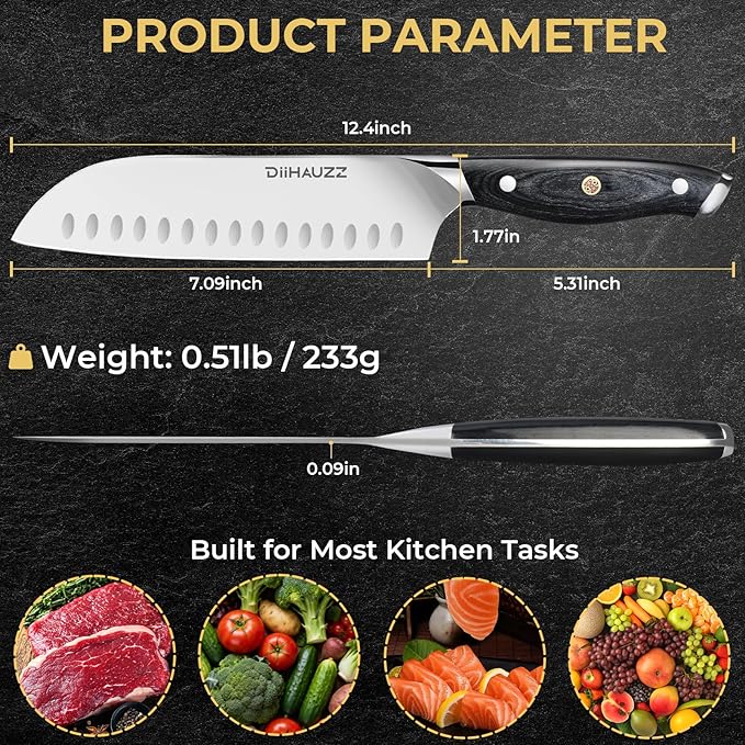 Chef Knife, 7 Inch Ultra Sharp Japanese Santoku Knife, High Carbon Steel Forged Professional Kitchen Knife with Full Tang Triple-Riveted Ergonomic Handle for Slicing, Chopping, Dicing