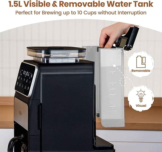 Gevi 10 Cup Drip Coffee Maker with Built-in Grinder, Grind ＆ Brew Burr Combo Coffee Machine with Touch Screen, Programmable, 4-Hour Warm Plate, Permanent Filter, Coffee Carafe