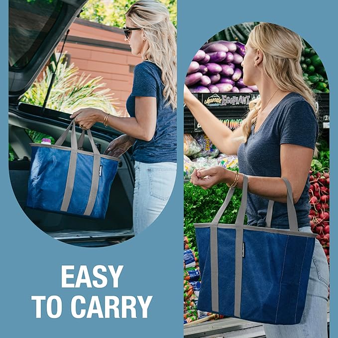 CleverMade EcoBasket Reusable Grocery Tote - 30L - Pack of 3 - Blue Grey - Collapsible Storage Shopping Organizer - Heavy Duty Utility Bag Home
