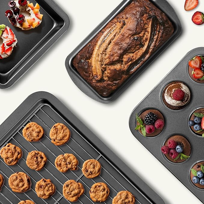 KITESSENSU Baking Pans Sets, Nonstick Bakeware Sets 19-Piece with Round/Square Cake Pan, Loaf Pan, Muffin Pan, Cookie Sheet, Roast Pan, Cooling Rack, Carbon Steel Bake Set
