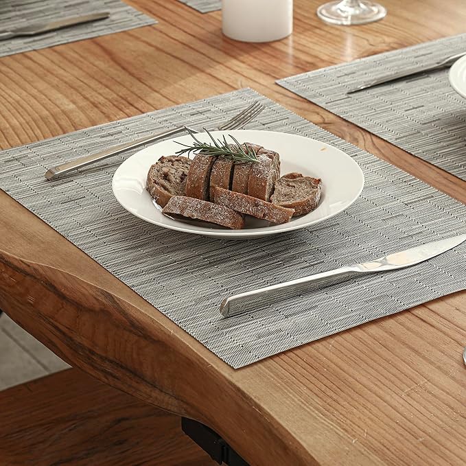 Leetaltree Silver Placemats Set of 6 - Heat Resistant Non-Slip Place mats for Dining Table, Washable Durable PVC Vinyl Woven Table Mats（Silver, 6）