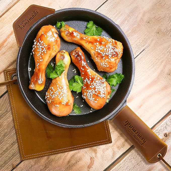 GROBRO7 3Pcs Cast Iron Skillet Hot Handles Covers Set Happiness is Homemade Panhandle Sleeve Side Grip Cover, Leather Handmade Pot Holder Heat Resistant Reusable Assist for Pan Kitchen Utensils Brown