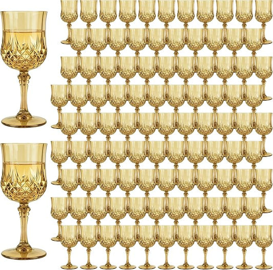 Plastic Wine Glasses, Plastic Goblets Vintage Style Cordial Unbreakable Drinking Glasses, Reusable Drinkware for Wedding Reception, Grand Event Party Supplies, Easter (100, Gold)