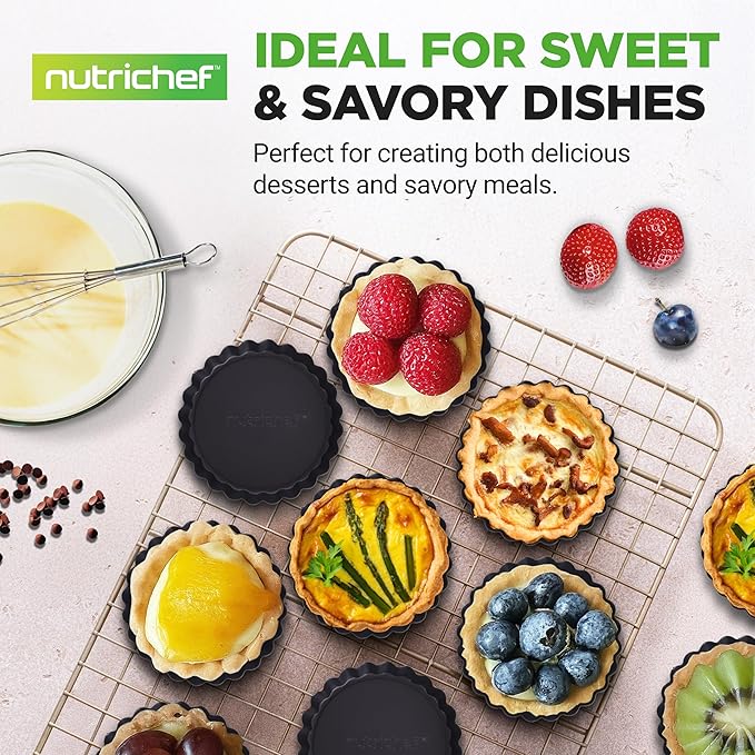 NutriChef 10-Piece Nonstick Mini Tart Pans with Removable Bottom - Heavy Duty 4 Inch Steel Quiche Pans, Oven & Dishwasher Safe, Fluted Side for Sweet & Savory Foods - Includes 200pcs Parchment Paper