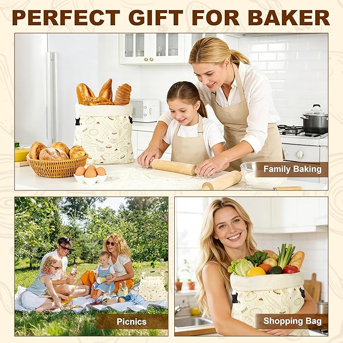 BuyCard Reusable Beeswax Bread Bags, 2-Pack Zipper Closure Cotton Bread Storage Bags for Homemade Loaf Freshness, for Baking Enthusiasts, Natural Cream with Gold Bread Pattern
