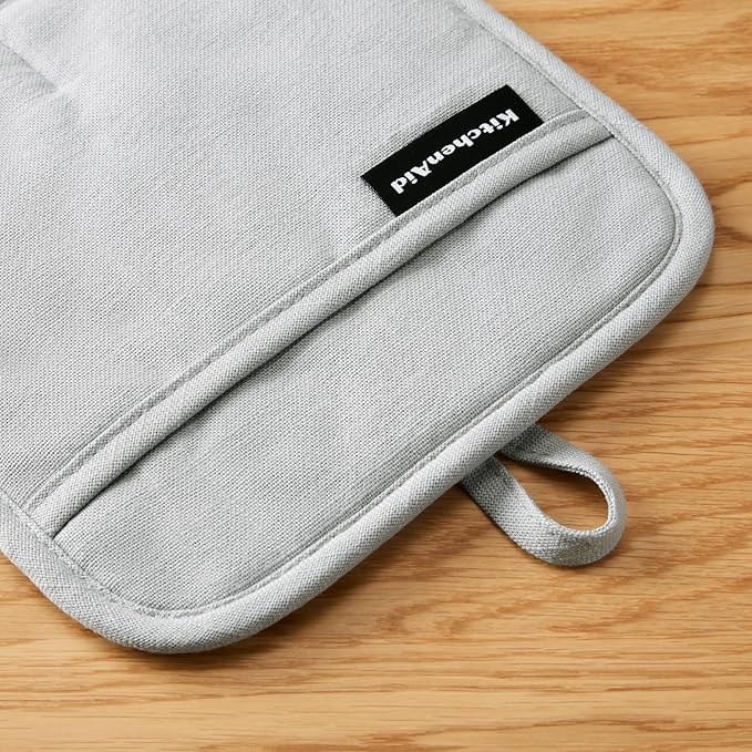 KITCHENAID Gourmet Series Gridlines Pot Holders 2-Pack Set, Heat Resistant up to 600°F, Soft Silicone Grip, Magnetic Cuff, Matte Grey, 8"x8"