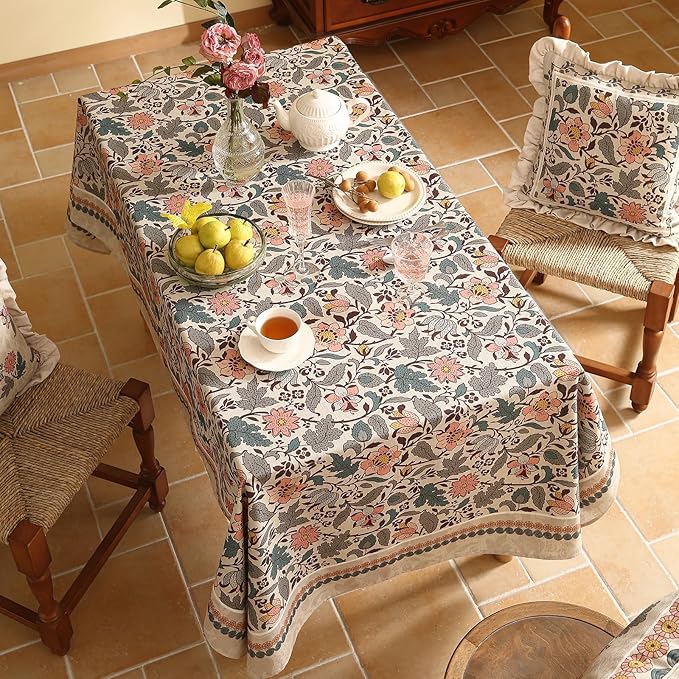 ISAENNE Designer Boho Floral Extra Long Tablecloth Rectangle,Linen Lotus Flower Pattern Colorful Table Cloth,Durable Decor Tablecloths for Dining Thanksgiving Kitchen Christmas,63"*110"-Hazel A