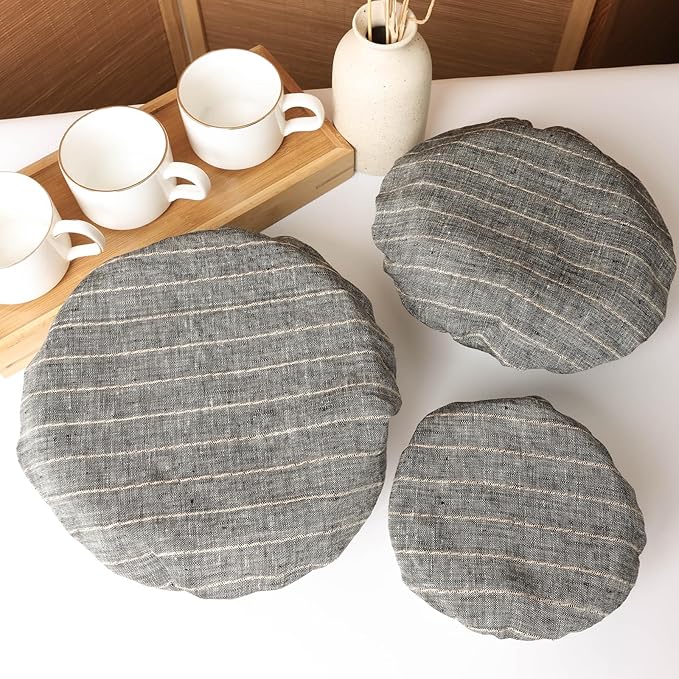 100% Linen Stripe Bowl Covers Reusable For Bread Proofing, 4 Pcs Elastic Cloth Fabric Bowl Covers, 5.9*7.9*9.8*11.8 Inches, Grey