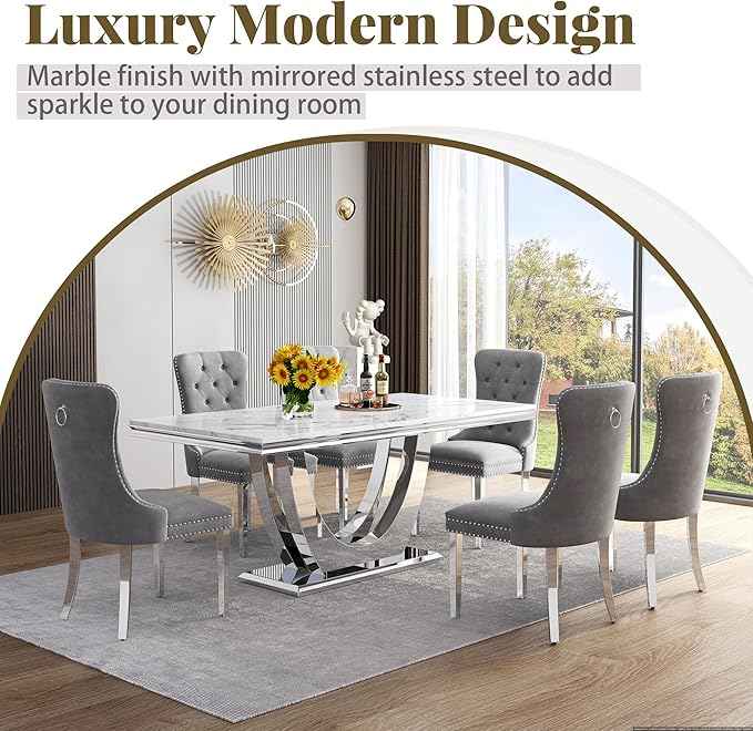 Marble Dining Table Set for 6,70" White Faux Marble Kitchen Tables and Velvet Chairs for 6,7 Piece Luxury Dining Room Table Set and 6 Upholstered Chairs with Silver Stainless Steel Bases