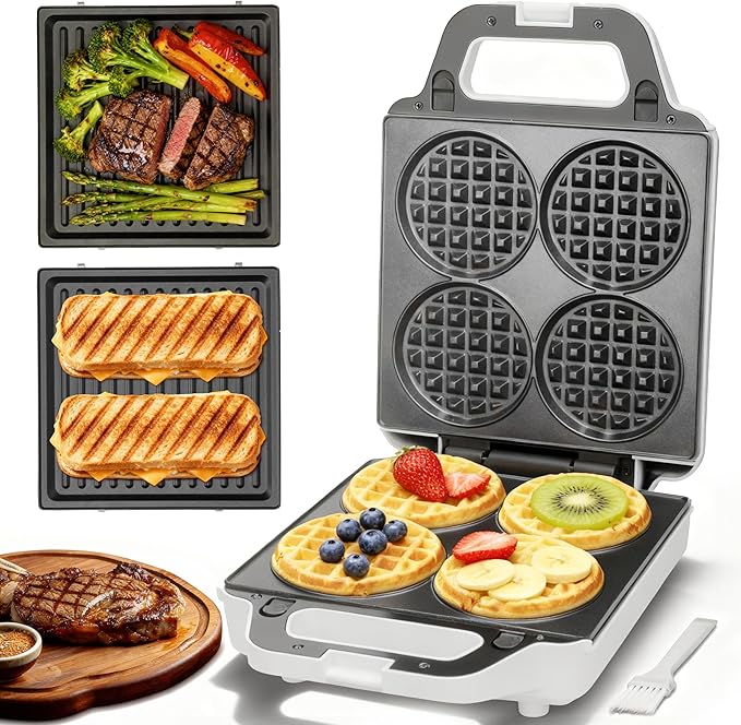 SugarWhisk 2 in 1 Mini Waffle Maker with Removable Plates, Panini Press Sandwich Maker, Sandwich Press, Waflera Electrica, Sandwichera Electrica, 4 X 4 Inch Classic Waffle Maker for Kids, White