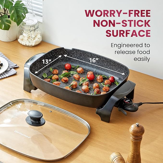 Elite Gourmet EG-6203X Extra Deep 16"x13"x3.2" (10.5Qt.) Scratch Resistant, Easy Pour Spout, Dishwasher Safe, Non-stick Electric Skillet with Vented Glass Lid, Adjustable Temperature, Black