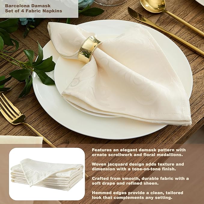 Newbridge Barcelona Luxury Damask Fabric Tablecloth, 70” Round, Antique White, 100% Polyester, No Iron, Soil Resistant Dining Room, Party and Banquet Table Cover