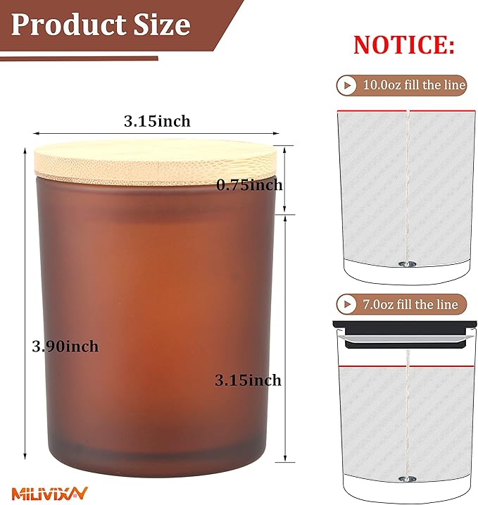 MILIVIXAY 12 Pack 10 OZ Frosted Amber Glass Candle Jars with Lids and Candle Making Kits - Bulk Empty Candle Jars for Making Candles - Spice, Powder Containers.