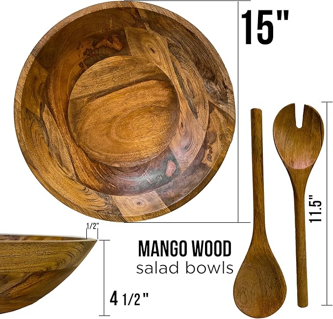 Extra Large Wooden Salad Bowl 15" with Serving Utensils - Large Wood Fruit Bowl - Oversized Mango Wood Salad Bowl for Big Family Meals , Bowl for Salad, Pasta, Popcorn - Handcrafted Wooden Salad Set
