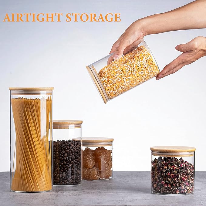YUNCANG Glass Storage Jars [Set of 5],Clear Glass Food Storage Containers with Airtight Bamboo Lid Stackable Kitchen Canisters for Candy,Cookie,Rice,Sugar,Flour,Pasta,Nuts and Spice Jars(Square)