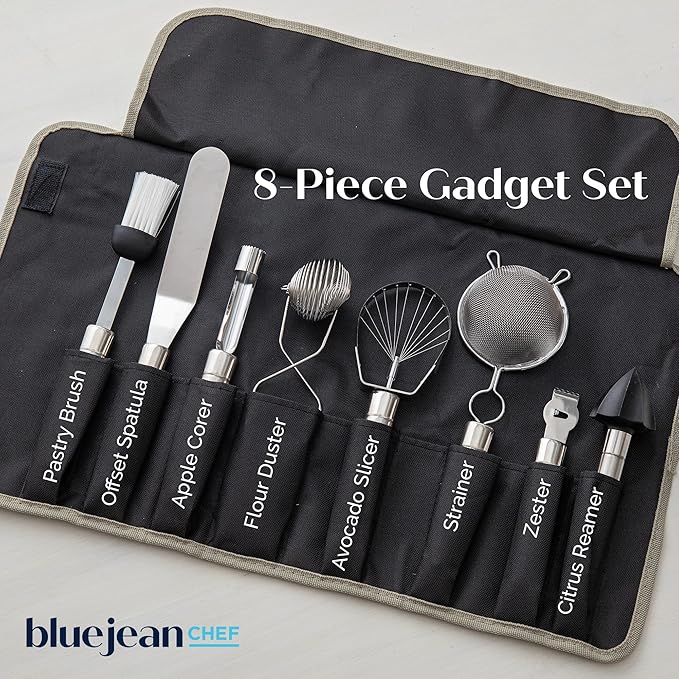 The Blue Jean Chef 8-Piece Kitchen Tool and Gadget Set, Stainless-Steel Kitchen Tools with Storage Pouch, Dishwasher Safe