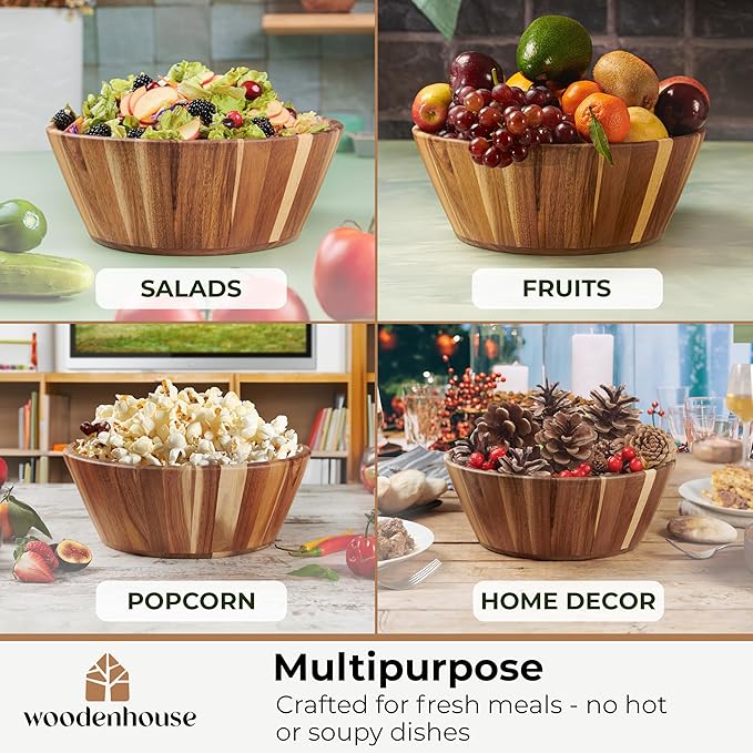 Woodenhouse Wooden Salad Bowl, Salad Bowl, Wooden Bowl - 12" Round Design Fruit Bowl, Handmade, Durable and Stylish Natural Wood Dining Accessory