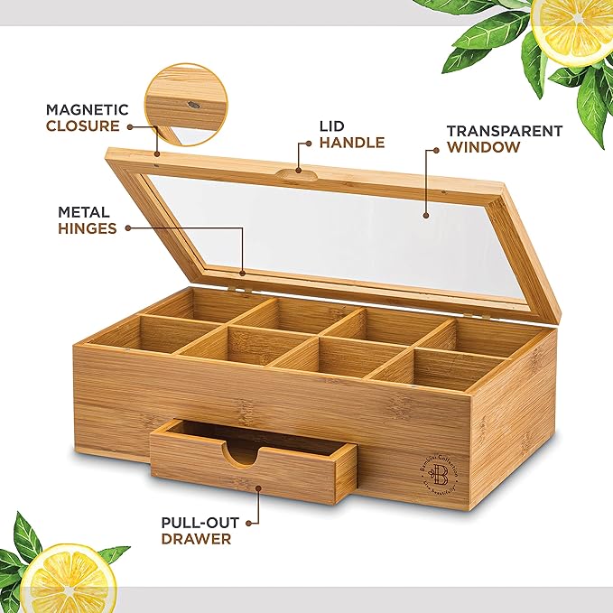 Personalized Tea Box with Custom Engraving - Bamboo Tea Bag Organizer with 8 Compartments, Acrylic Lid - Unique Mother’s Day Gifts for Mom, Grandma, Wife - Gift Idea for Tea Lovers (Tea Not Included)