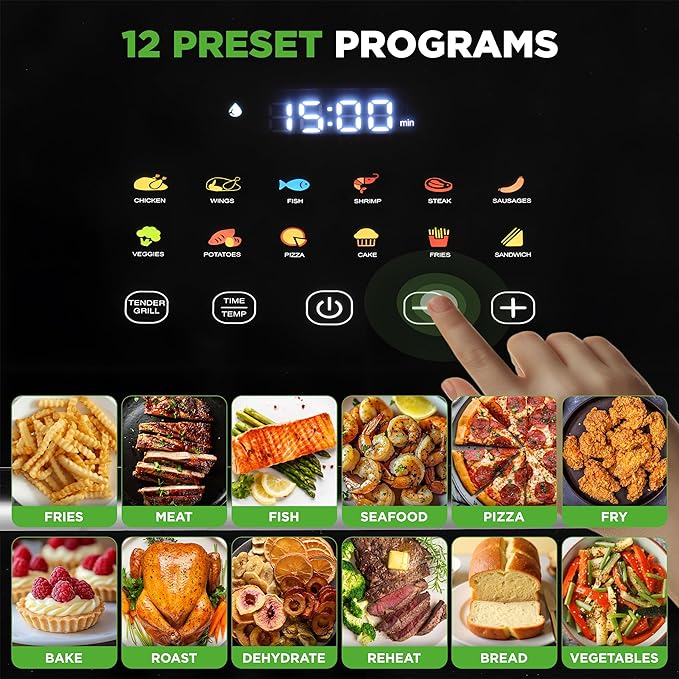 Nutrichef Electric Air Fryer Large 6.3 Quart Capacity | 12-1 Preset Cooking Functions | Includes Tenderizing Function | Digital Display | Transparent Window For Best Cooking Results | Black