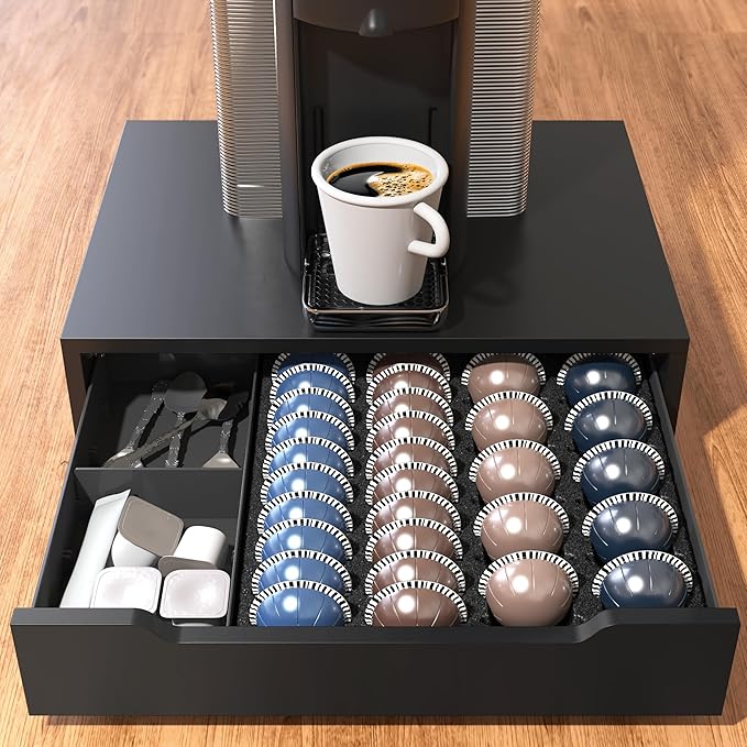 Deco Brothers Vertuoline Pod Holder Drawer with Adjustable Divider, Compatible with Nespresso 40 Small or 20 Large Capsules Coffee Bar Station, Wood Top Stand with Side Storage for Accessories, Black