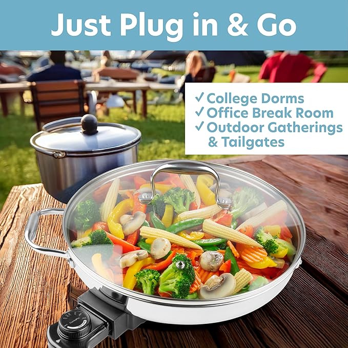 Electric Skillet By CucinaPro- 18/10 Stainless Steel, Frying Pan w Non Stick Interior, Tempered Glass Lid w Handles, 12" Round, Temperature Control Probe for Adjustable Heat Settings, Portable, Gift