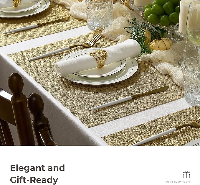 Leetaltree Gold Placemats Set of 24 - Heat Resistant Non-Slip Place mats for Dining Table, Washable Durable PVC Vinyl Woven Table Mats(Luxury Gold, 24)