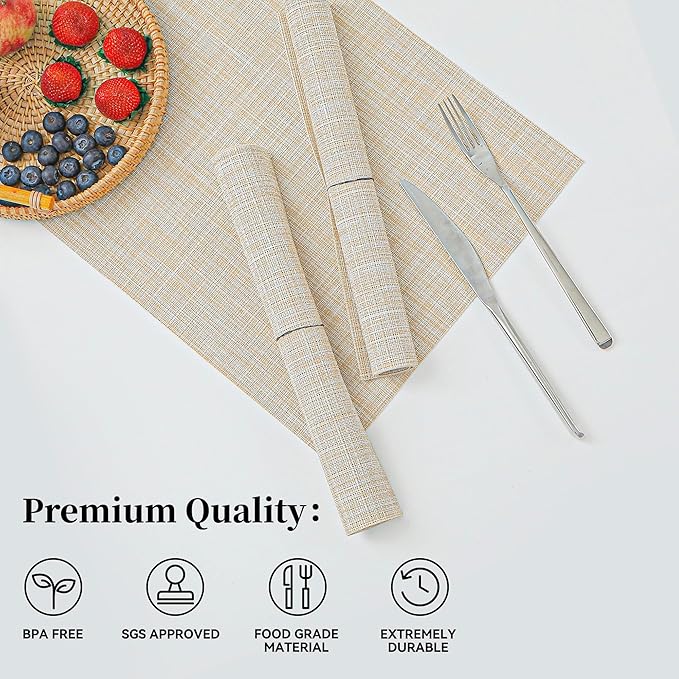 Leetaltree Beige Placemats Set of 20 - Heat Resistant Non-Slip Place mats for Dining Table, Washable Durable PVC Vinyl Woven Table Mats(Beige, 20)