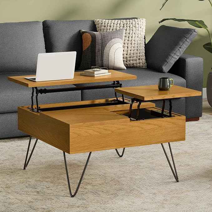 SIMPLIHOME Hunter Lift Top Coffee Table - 32 inch Wide Oak Veneer and Metal Industrial Square Lift Top Cocktail Table in Oak, Living Room Table with Dual Lift Tops, Hidden Storage and Hairpin Legs
