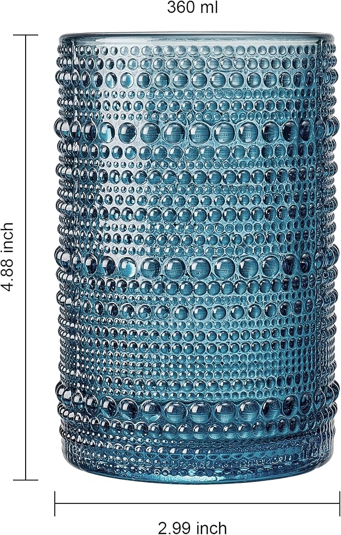 Khen Beaded Highball Drinking Tumbler Set | Set of 6 | Holiday Decor Vintage Hobnail 12 OZ Muted Bubble Design Whiskey Glassware, Old-Fashioned, Embossed Design Glass for Water Wine, Cocktail