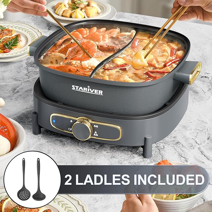 Stariver Hot Pot Electric with Divider, Large 6L Nonstick Double-Flavor Electric Shabu Shabu Pot, 1500W Hotpot with 3 Power Settings, Perfect for Family Dinners & Parties