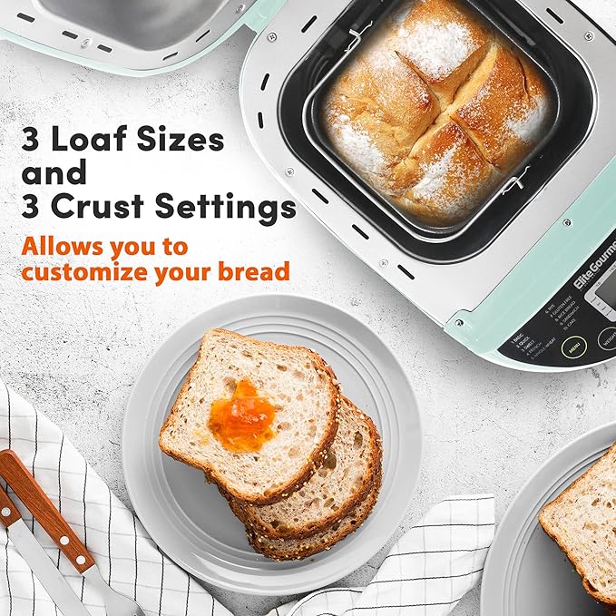 Elite Gourmet Programmable Bread Maker, 2 lb Loaf, 3 Sizes, 19 Presets incl. Gluten-Free, Dough & Jam, Delay Timer, Mint