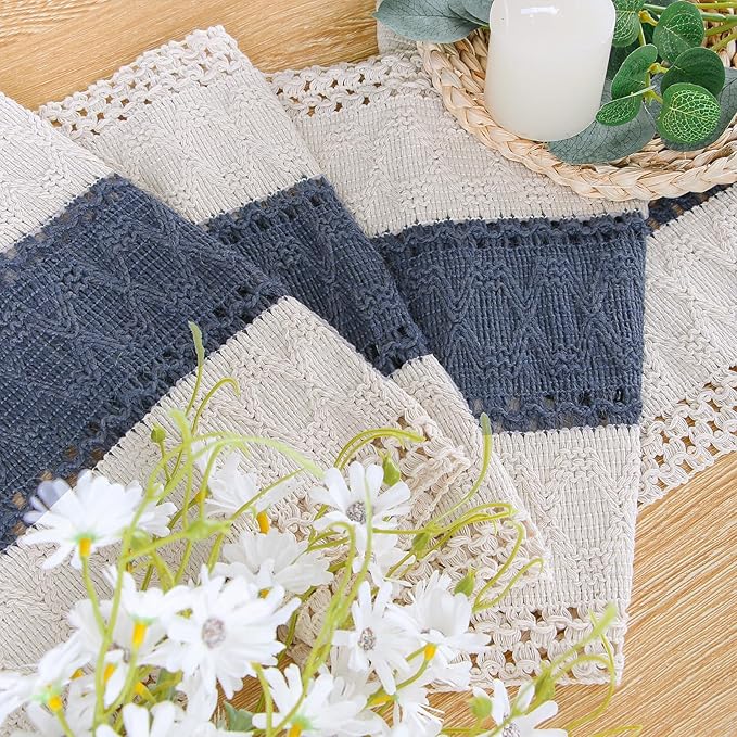FEXIA Boho Table Runner 36 Inches Long with Tassels Farmhouse Rustic Cream & Blue Macrame for Dining Bedroom Home Baby Bridal Shower Decor(12x36 Inches)