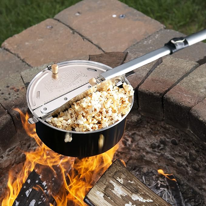 Campfire Popcorn Popper - Old Fashioned Popcorn Maker with Telescoping Handle - Camping Gear by Great Northern Popcorn (Black)
