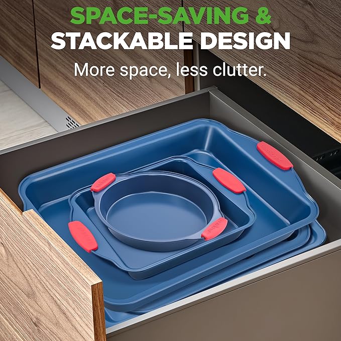 NutriChef 10-Piece Nonstick Bakeware Set - Premium Carbon Steel Baking Pans w/Silicone Handles - Includes Pizza Tray with Holes, 12 & 24 Cup Muffin Pans, Cookie Sheets, Round, Square & Loaf Pan - Blue