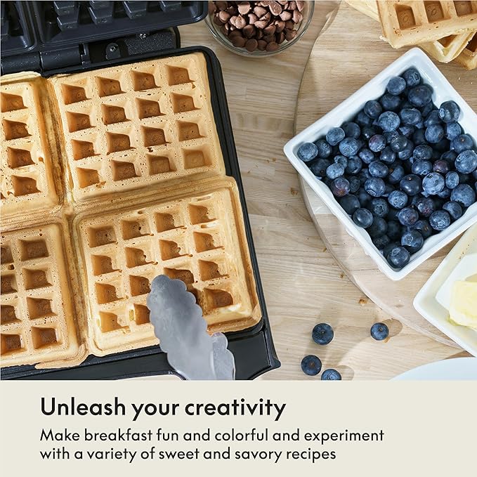 bella Waffle Iron - 4 Square Belgian Waffle Maker, Non-stick Extra Large Plates for Easy Cleanup - Compact Design, Stainless Steel, Black, 1400W