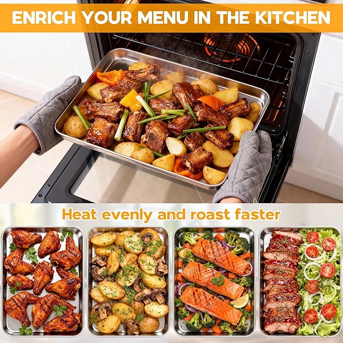 Onader Baking Sheet Set of 2, 12.5" x 9.7" Food-Grade Stainless Steel Quarter Sheet Pans for Baking, Metal Cookie Toaster Oven Pan Tray, Heavy Duty & Dishwasher Safe