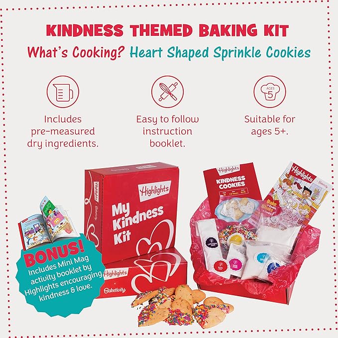 Kids Baking Kit by Baketivity + Highlights Magazine Booklet | Kindness Themed Baking Set for Kids | DIY Arts and Crafts Set | Heart Shaped Sprinkle Cookies | Kosher
