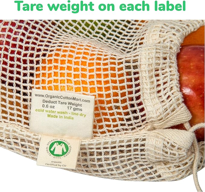 Cotton Mesh Produce Bags - Washable, Organic Cotton Vegetable Storage Bags - Large Net Mesh Onion & Potato Storage Sacks - 14"x18" (6 XL)