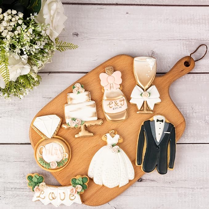 Flycalf Wedding Cookie Cutters with Plunger Stamps Champagne Bridal Shower Gifts Holiday Cake Baking PLA Cutter Molds for Kids Decorative Party 3.5" Kitchen Cake Supplies