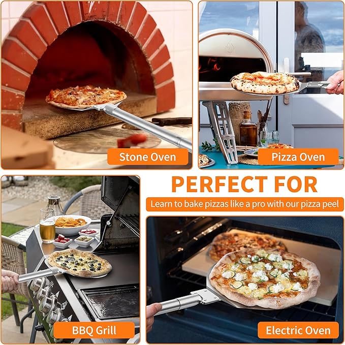 Stainless Steel Pizza Turning Peel 9-Inch, HaSteeL Round Pizza Turner Paddle, Perfortaed Pizza Spinner Spatula with Long Detachable Handle, Dishwasher & Oven Safe
