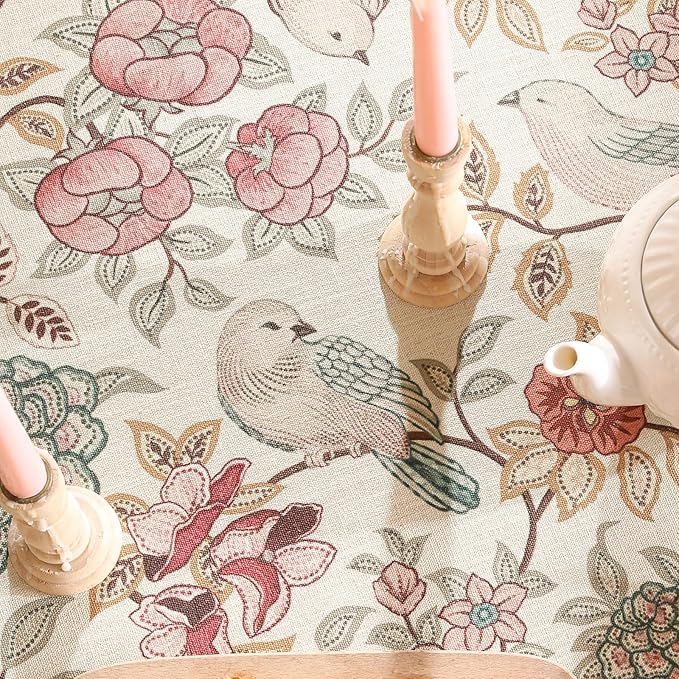 patdrea Designer Pink Linen Table Cloth for Rectangle Table,Vintage Floral with Birds Pattern Decorative Tablcloth,French Table Cover for Kitchen Dining,Thanksgiving,Christmas,63"x94"-Kulom a
