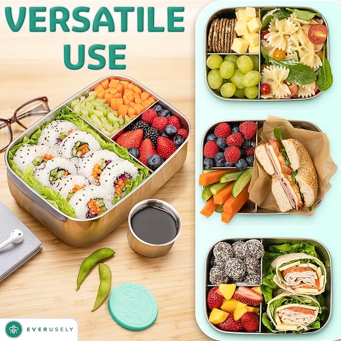 Everusely - Bento Box - Green, 60oz / 1.8 L - Extra Large Stainless Steel Lunch Box + Leakproof Condiment Container - 3 Compartment Snack Organizer for On the Go Meals - Freezer & Dishwasher Safe