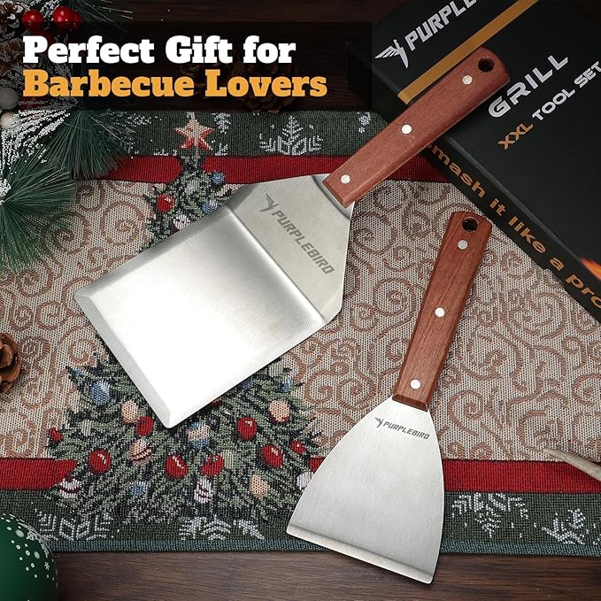 PURPLEBIRD Extra Large Grill Spatula Set Stainless Steel Smash Burger Spatula Kit, 5.5 x 5 inch BBQ Griddle Spatula and Grill Scraper, Griddle Tools, Grill Utensils for Dad
