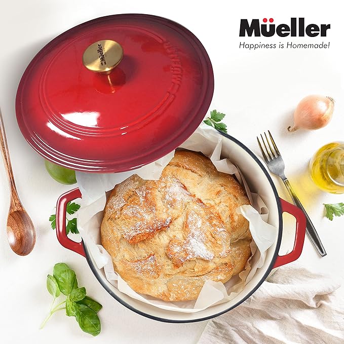 Mueller 6qt Enameled Cast Iron Dutch Oven, Heavy-Duty Casserole and Braiser Pan with Lid and Knob, Oven-Safe up to 500° F & Across All Cooktops, Red