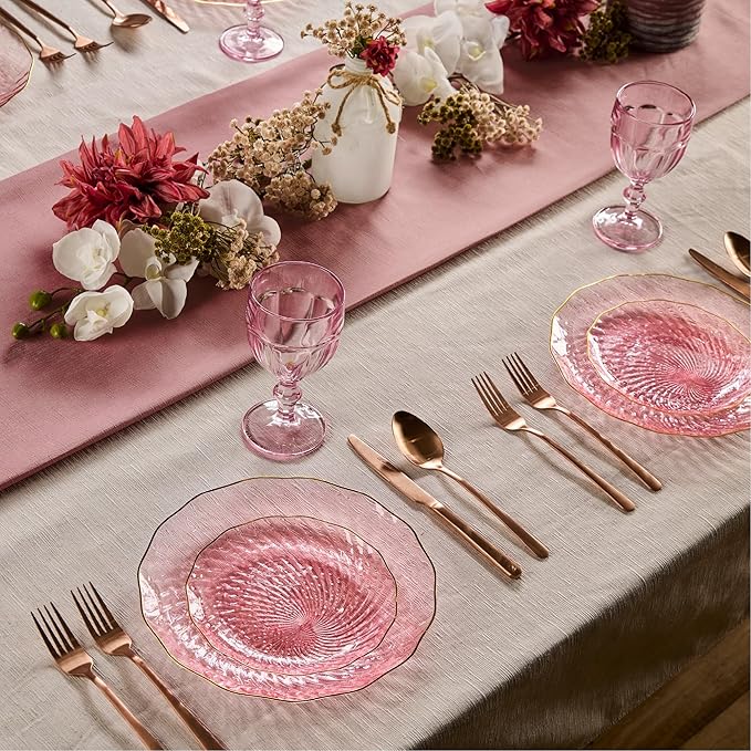 PLASTICPRO 30 Pack Plastic Plates Set of 15-10 inch Plate and 15-7 inch Plates, Elegant Clear Pink Spiral and Gold Rim Disposable Fancy Plate Premium Heavyweight