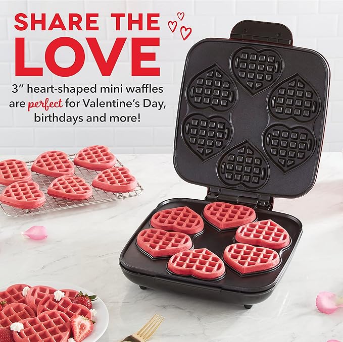 Dash Multi Mini Heart Waffle Maker - Waffle Maker for Family Breakfasts - Dual Nonstick Heating Plates & Easy-Release Surface - Compact & Fast-Heating - Red Heart