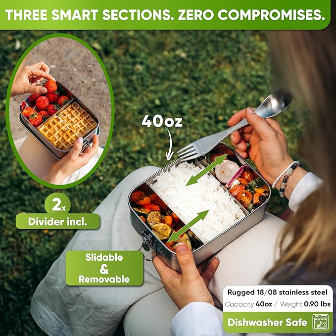 Blockhütte Stainless Steel Lunch Box for Adults I 40oz I with free Sealing I Metal Bento Box with 3 Compartments, Leak-Proof Lunch Container, Metal Food Storage for Travel, Work, Eco-Friendly