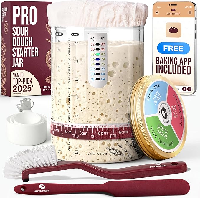 Superbaking Sourdough Starter Jar, Beginner Sourdough Starter Kit, 34oz Wide Mouth Sour Dough Glass Jar with Guides & Recipes, Sourdough Bread Baking Supplies, Sourdough Container Crock