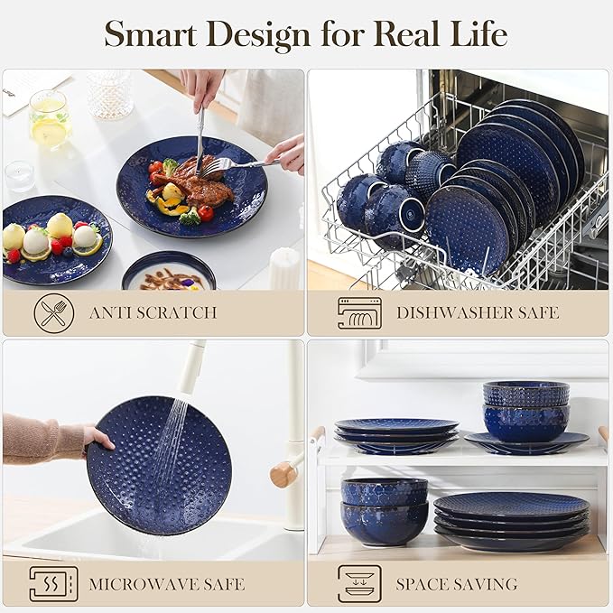 MALACASA 12 Pieces Dinnerware Sets, Modern Plates and Bowls Sets, Blue Dish Set for 4, Kitchen Ceramic Dinner Plates Dishware Set, Microwave and Dishwasher Safe, Series LYDIA