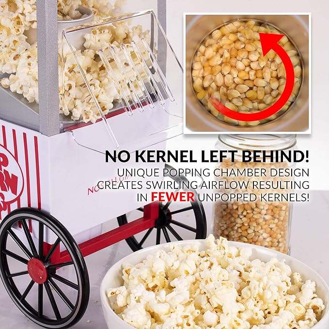 Nostalgia OFP521 Vintage Healthy Hot-Air Tabletop Popcorn Maker, Makes 12 Cups, With Kernel Measuring Scoop, Oil Free, Perfect for Birthday Parties, Movie Nights – Candy Stripe Red/White